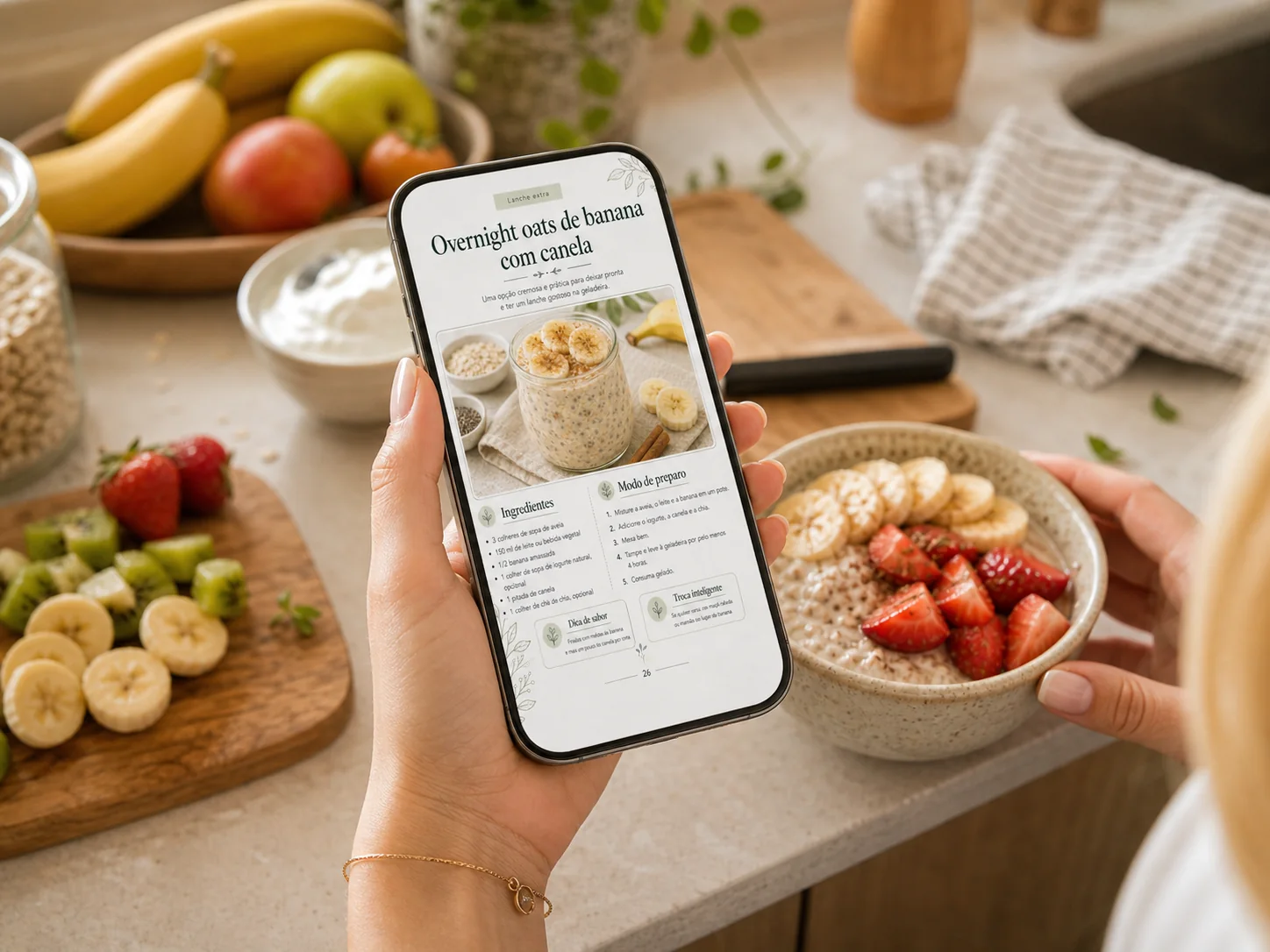 Guia aberto no celular durante preparo de receita